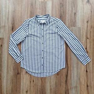 Style & Co Womens Top 100% Cotton Medium Blue White Bengal Stripes Button Down